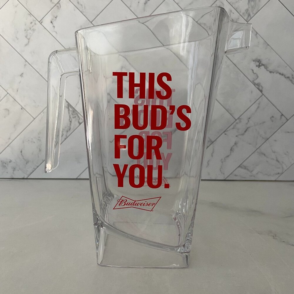 Clear Plastic Budweiser Curve Pitcher with Handle- 64 Ounces